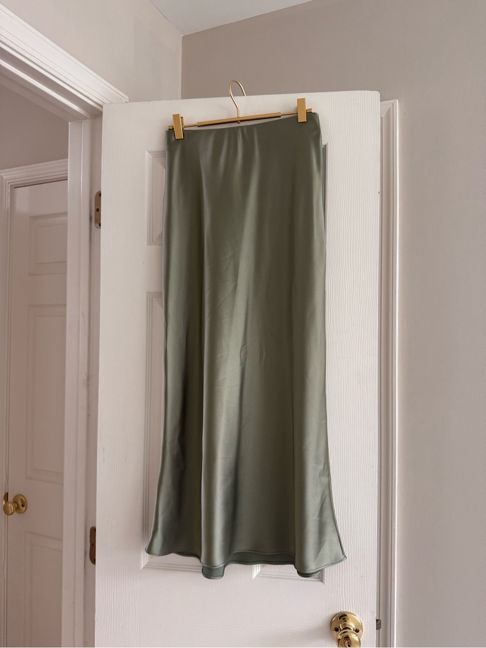 Zara Olive Satin Midi Slip Skirt
